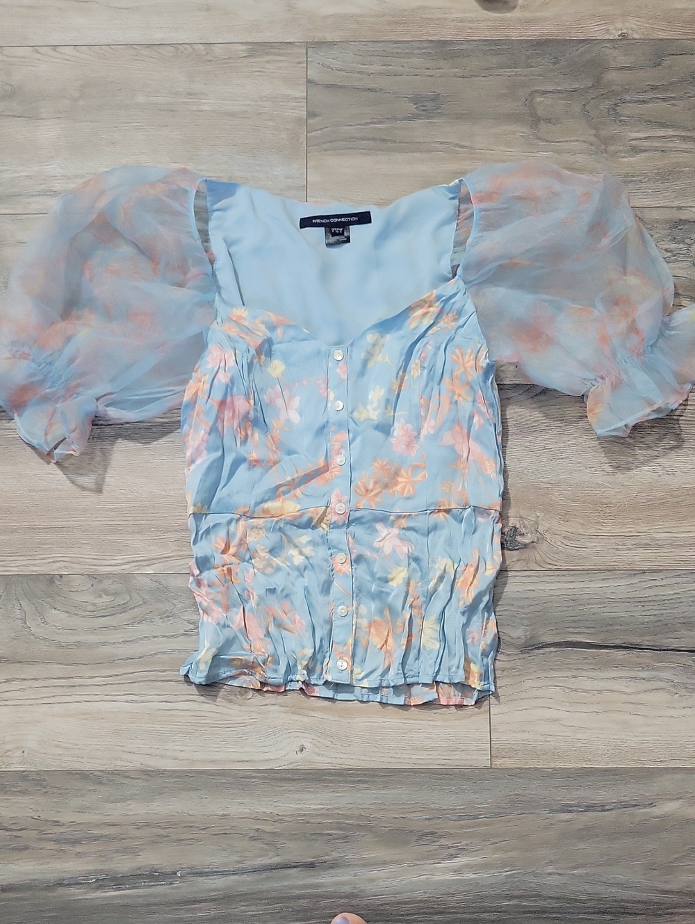 French Connection Light Blue Floral Puff-Sleeve Button Front Top